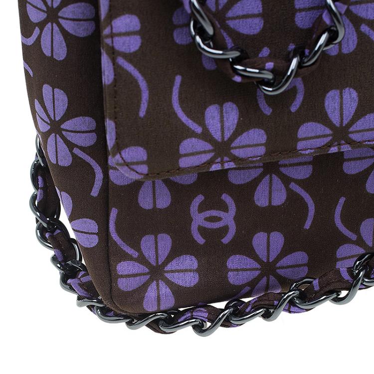 Pre Owned Chanel Brown Nylon Four Leave Clover Single Flap Shoulder Bag