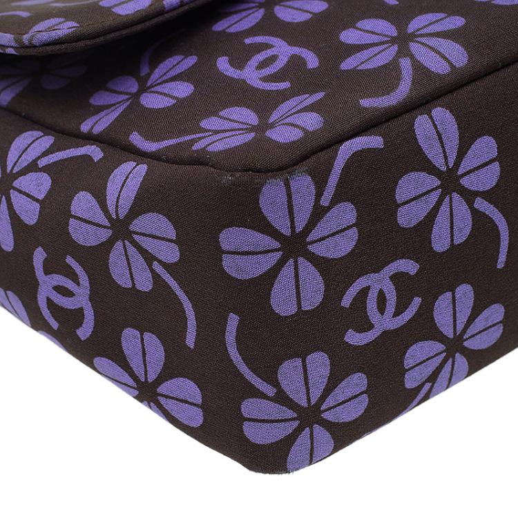 Pre Owned Chanel Brown Nylon Four Leave Clover Single Flap Shoulder Bag