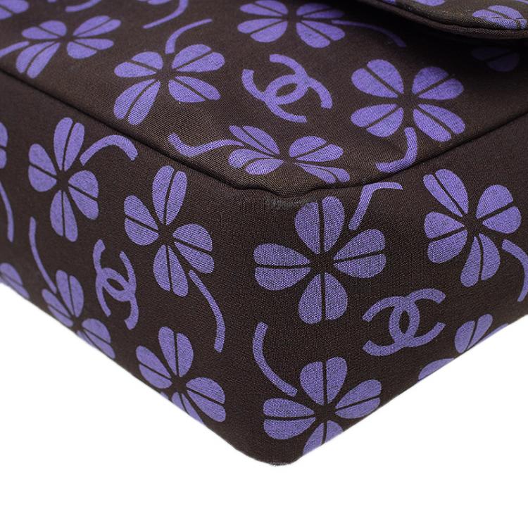 Pre Owned Chanel Brown Nylon Four Leave Clover Single Flap Shoulder Bag