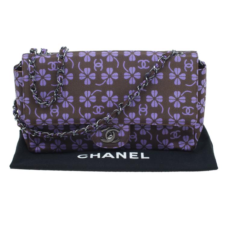 Pre Owned Chanel Brown Nylon Four Leave Clover Single Flap Shoulder Bag