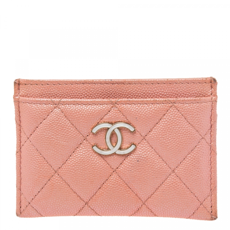 Pre Owned Chanel Pink Iridescent Quilted Caviar Leather CC Card Holder