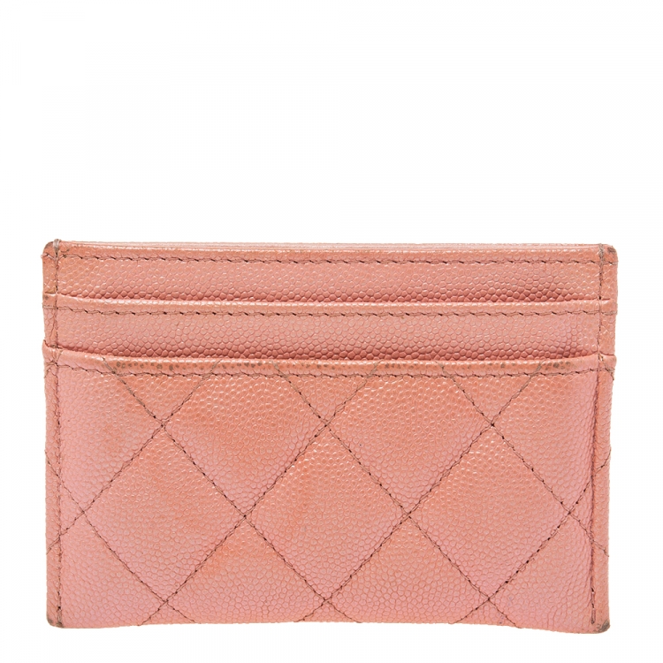Pre Owned Chanel Pink Iridescent Quilted Caviar Leather CC Card Holder