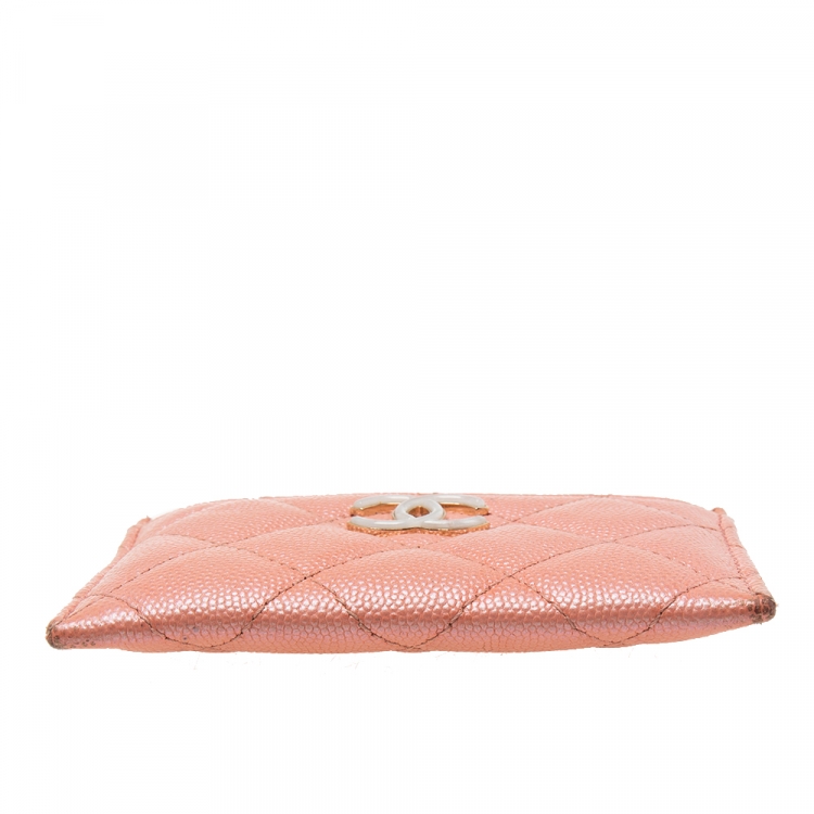 Pre Owned Chanel Pink Iridescent Quilted Caviar Leather CC Card Holder