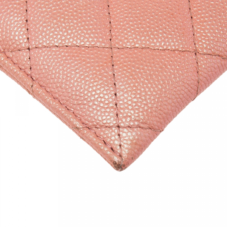 Pre Owned Chanel Pink Iridescent Quilted Caviar Leather CC Card Holder