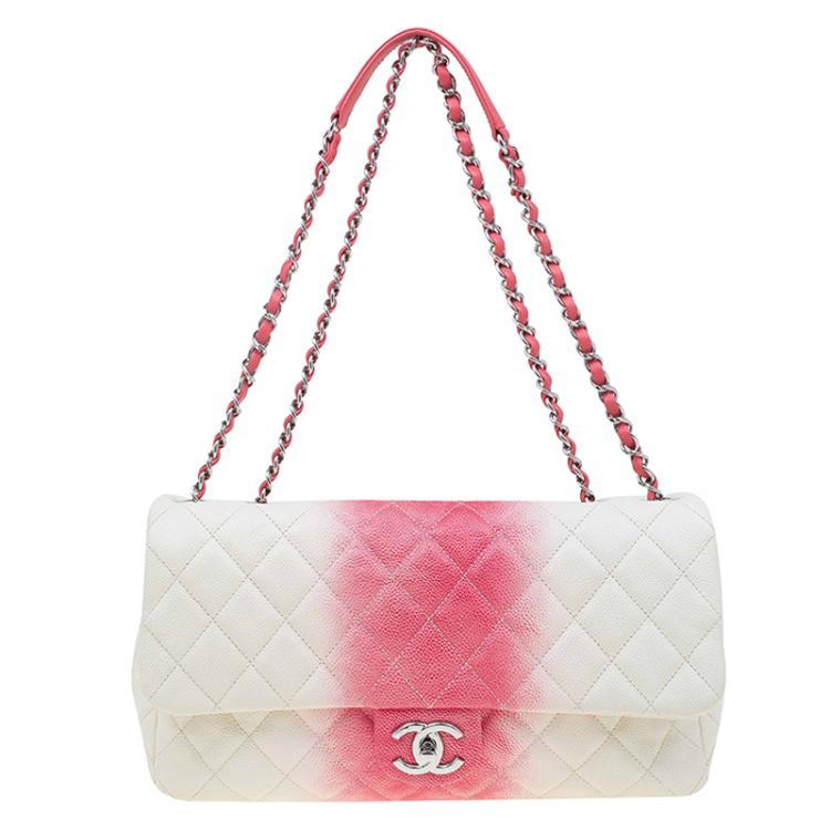 Pre Owned Chanel White/Red Ombre Quilted Caviar Jumbo Single Flap Bag