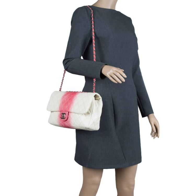 Pre Owned Chanel White/Red Ombre Quilted Caviar Jumbo Single Flap Bag