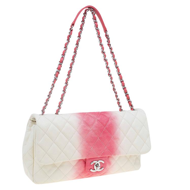 Pre Owned Chanel White/Red Ombre Quilted Caviar Jumbo Single Flap Bag