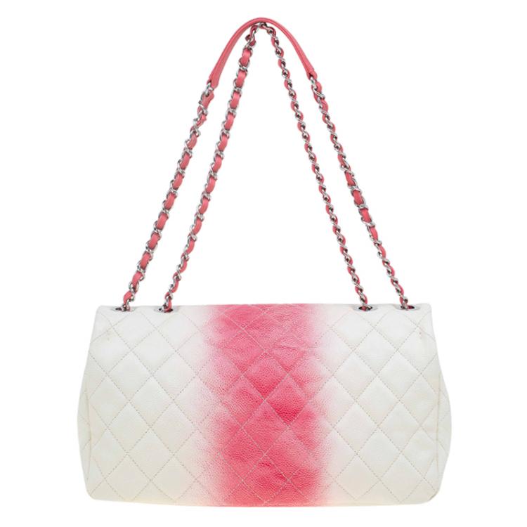 Pre Owned Chanel White/Red Ombre Quilted Caviar Jumbo Single Flap Bag