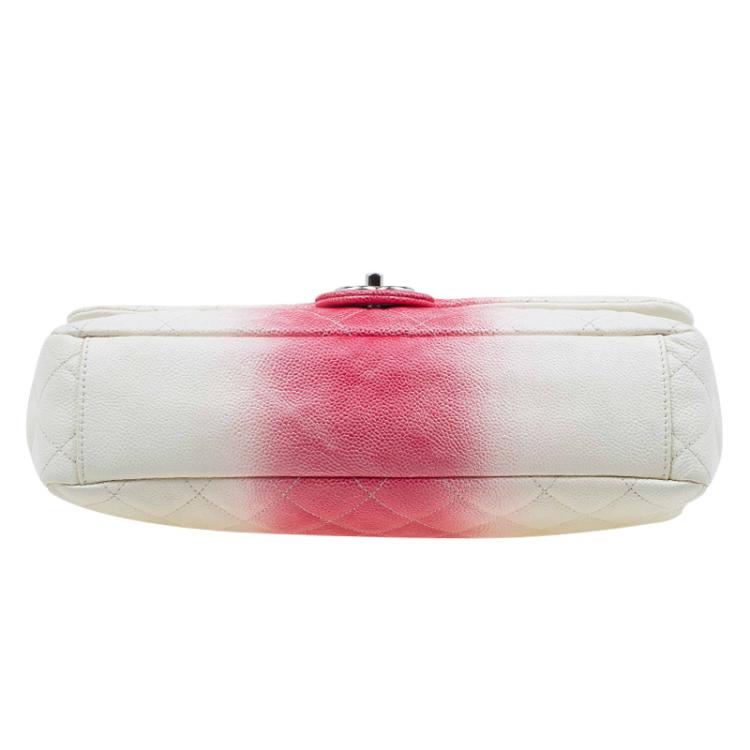 Pre Owned Chanel White/Red Ombre Quilted Caviar Jumbo Single Flap Bag