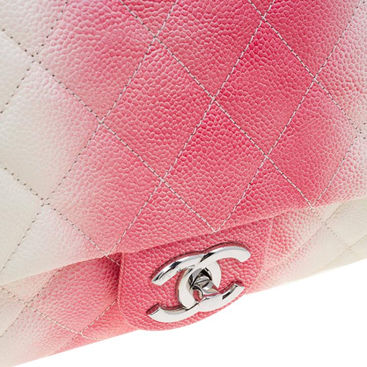 Pre Owned Chanel White/Red Ombre Quilted Caviar Jumbo Single Flap Bag