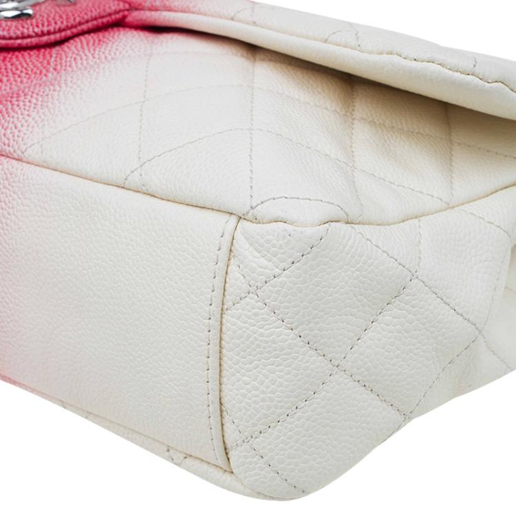 Pre Owned Chanel White/Red Ombre Quilted Caviar Jumbo Single Flap Bag