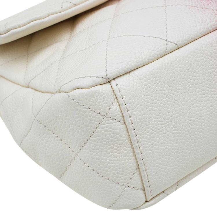 Pre Owned Chanel White/Red Ombre Quilted Caviar Jumbo Single Flap Bag