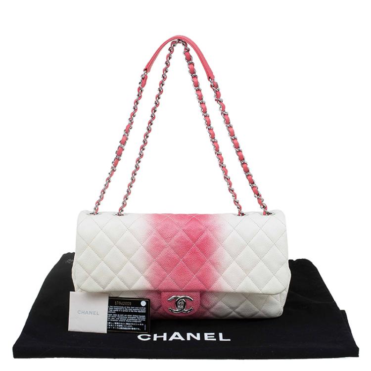 Pre Owned Chanel White/Red Ombre Quilted Caviar Jumbo Single Flap Bag