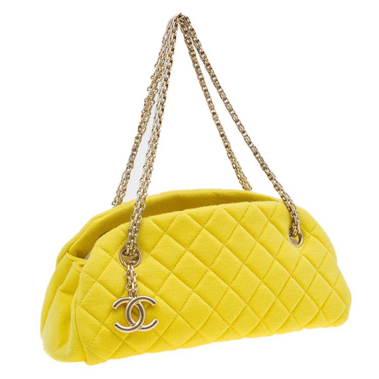 Pre Owned Chanel Yellow Quilted Jersey Small Just Mademoiselle Bowling Bag