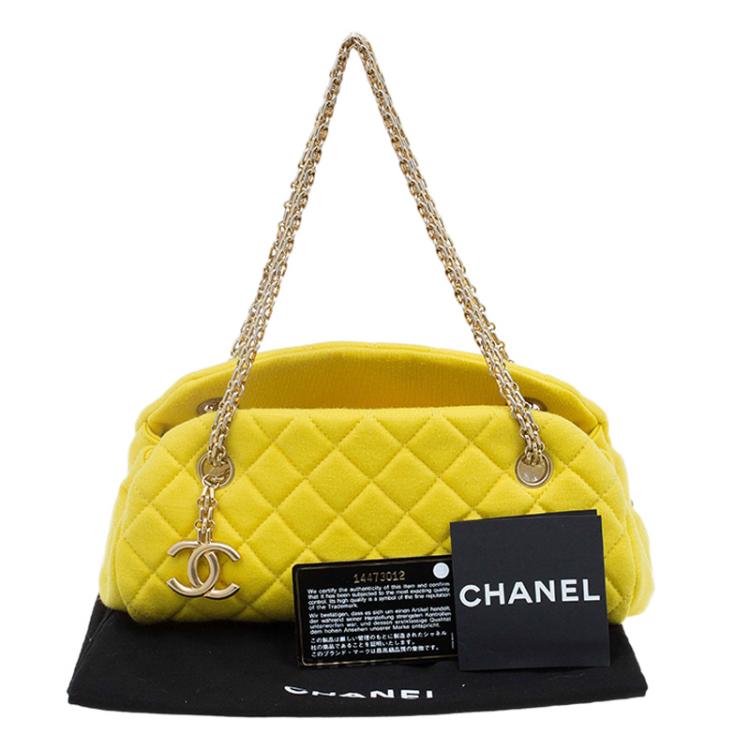 Pre Owned Chanel Yellow Quilted Jersey Small Just Mademoiselle Bowling Bag