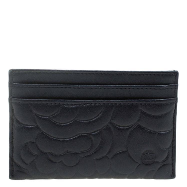 Pre Owned Chanel Black Leather Camellia Embossed Card Holder