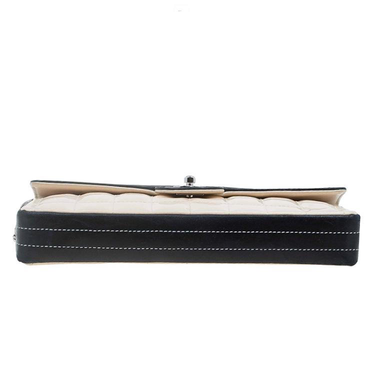 Pre Owned Chanel Beige/Black Bar Quilted Patent East West Flap Bag