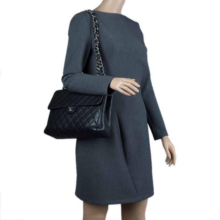 Pre Owned Chanel Black Quilted Caviar Leather Jumbo Classic Single Flap Bag