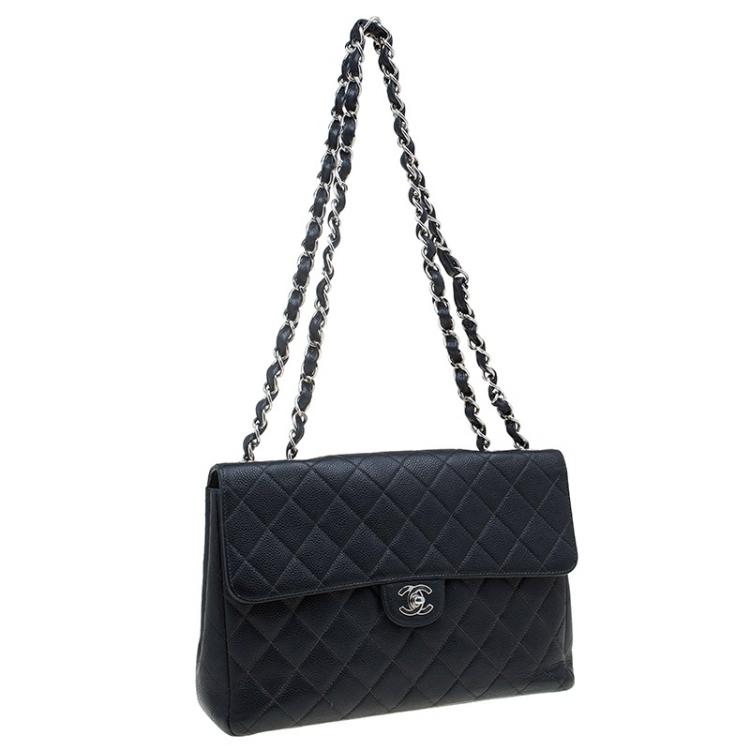 Pre Owned Chanel Black Quilted Caviar Leather Jumbo Classic Single Flap Bag