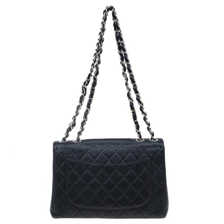 Pre Owned Chanel Black Quilted Caviar Leather Jumbo Classic Single Flap Bag