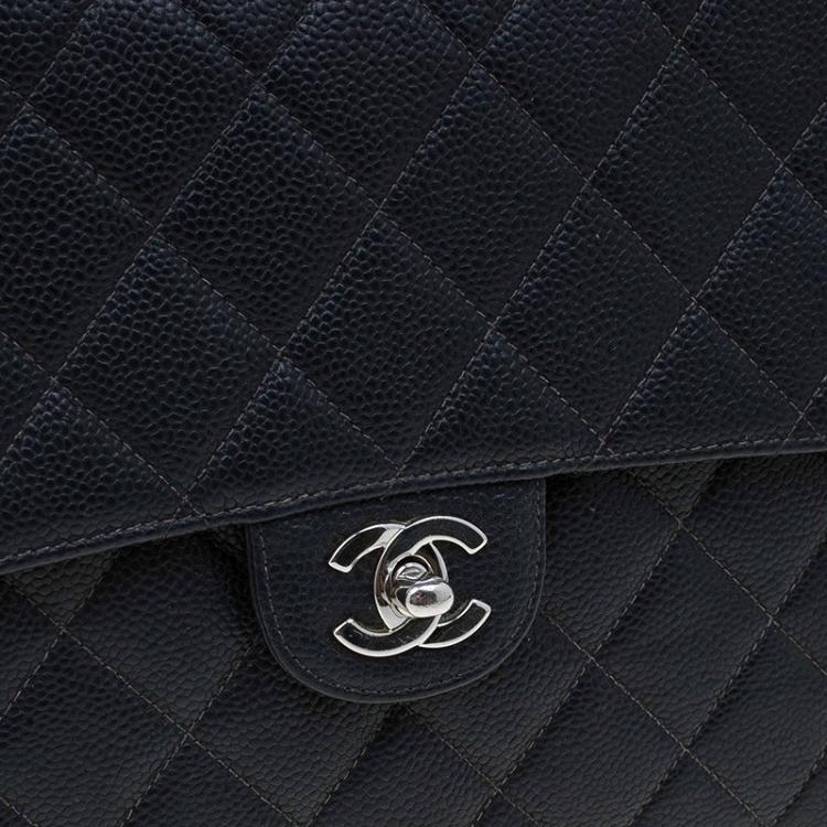 Pre Owned Chanel Black Quilted Caviar Leather Jumbo Classic Single Flap Bag