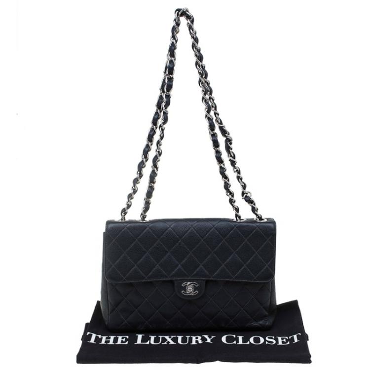Pre Owned Chanel Black Quilted Caviar Leather Jumbo Classic Single Flap Bag