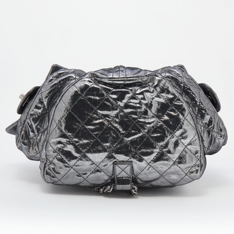 Pre Owned Chanel Metallic Dark Silver Quilted Leather Large Backpack is Back Backpack