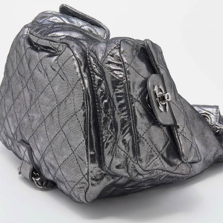Pre Owned Chanel Metallic Dark Silver Quilted Leather Large Backpack is Back Backpack