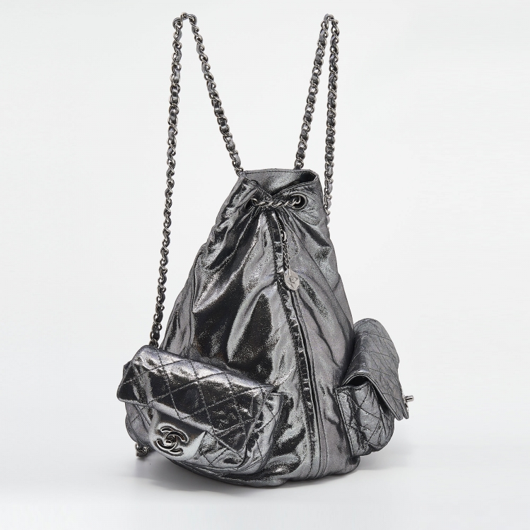 Pre Owned Chanel Metallic Dark Silver Quilted Leather Large Backpack is Back Backpack