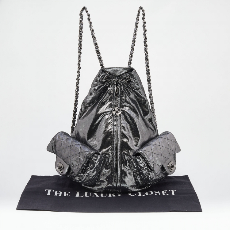 Pre Owned Chanel Metallic Dark Silver Quilted Leather Large Backpack is Back Backpack