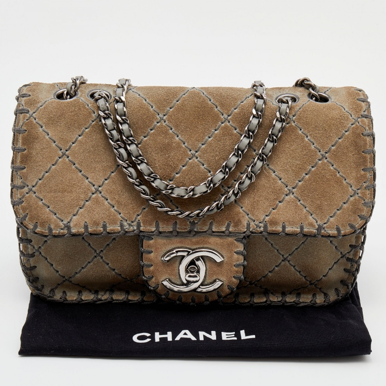 Pre Owned Chanel Grey Quilted Suede Whipstitch Small Flap Bag