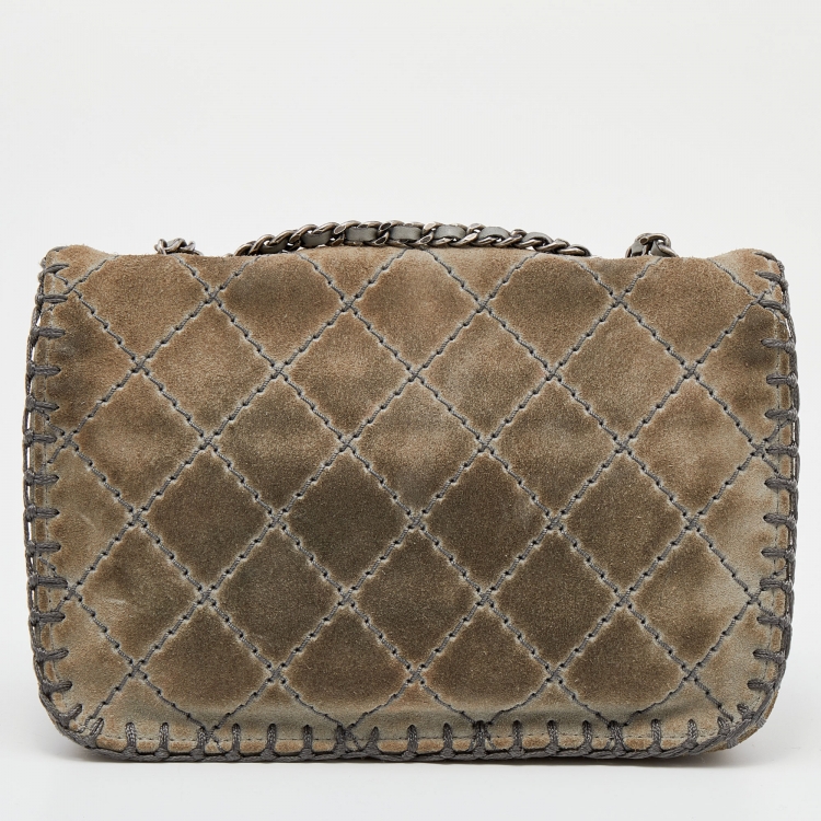 Pre Owned Chanel Grey Quilted Suede Whipstitch Small Flap Bag