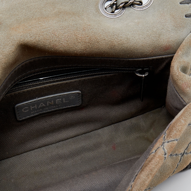 Pre Owned Chanel Grey Quilted Suede Whipstitch Small Flap Bag