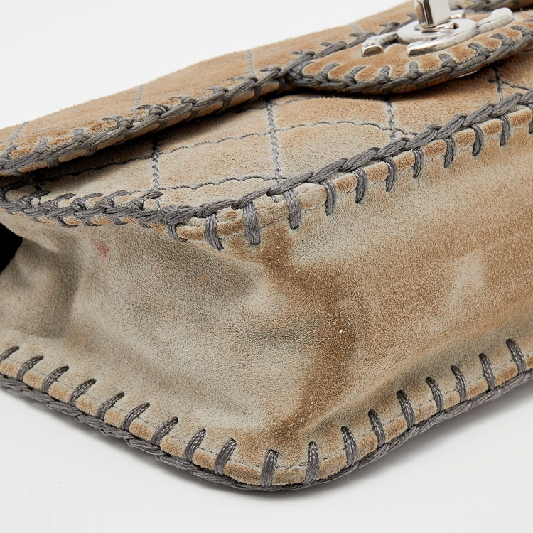 Pre Owned Chanel Grey Quilted Suede Whipstitch Small Flap Bag