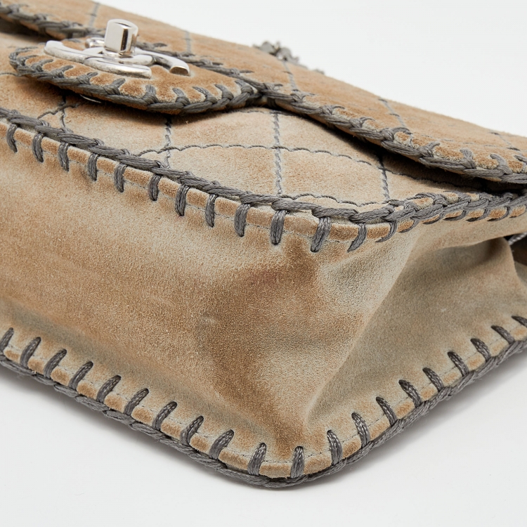 Pre Owned Chanel Grey Quilted Suede Whipstitch Small Flap Bag