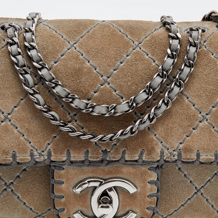 Pre Owned Chanel Grey Quilted Suede Whipstitch Small Flap Bag