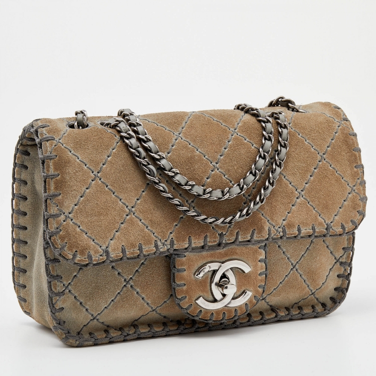 Pre Owned Chanel Grey Quilted Suede Whipstitch Small Flap Bag