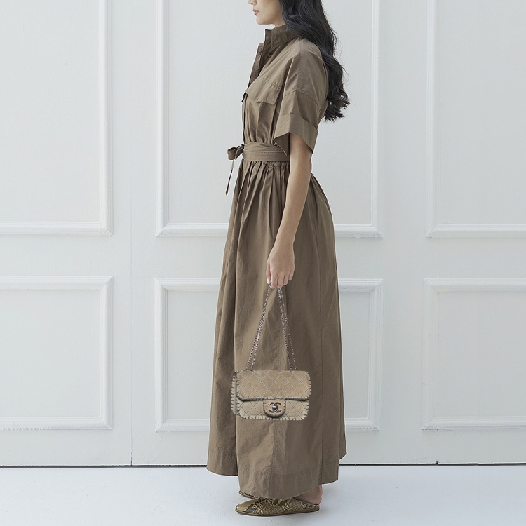 Pre Owned Chanel Grey Quilted Suede Whipstitch Small Flap Bag