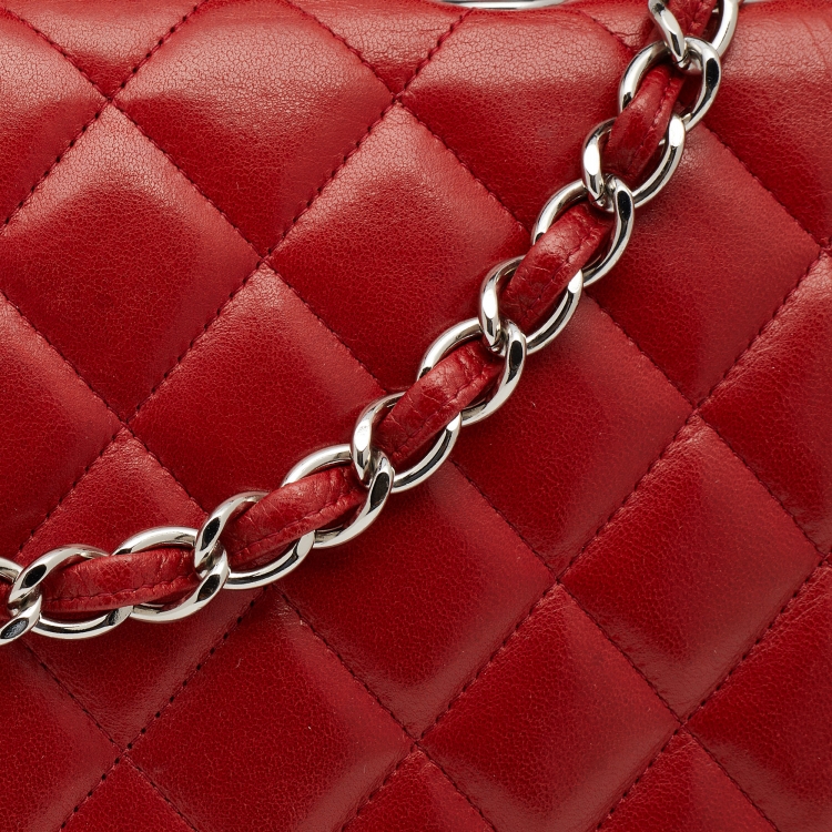 Pre Owned Chanel Red Quilted Leather Jumbo Classic Single Flap Bag