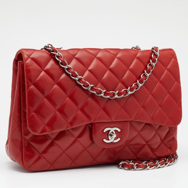 Pre Owned Chanel Red Quilted Leather Jumbo Classic Single Flap Bag