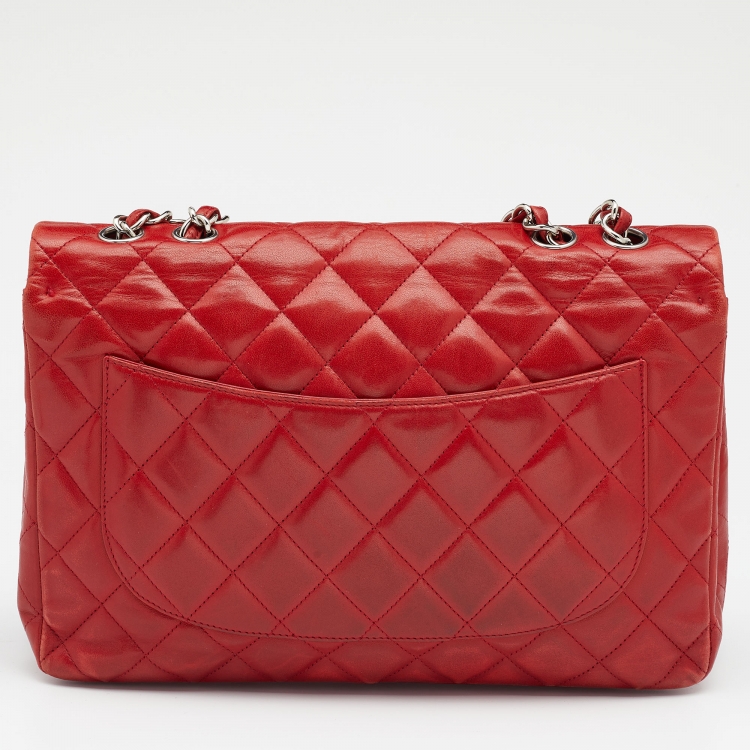 Pre Owned Chanel Red Quilted Leather Jumbo Classic Single Flap Bag