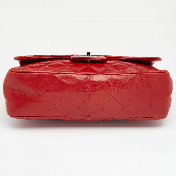 Pre Owned Chanel Red Quilted Leather Jumbo Classic Single Flap Bag
