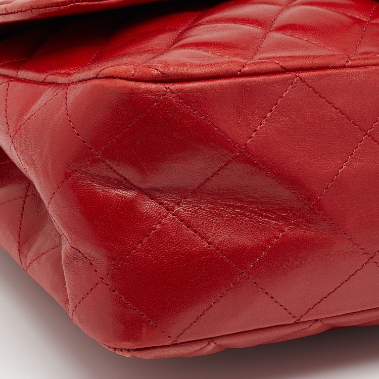 Pre Owned Chanel Red Quilted Leather Jumbo Classic Single Flap Bag