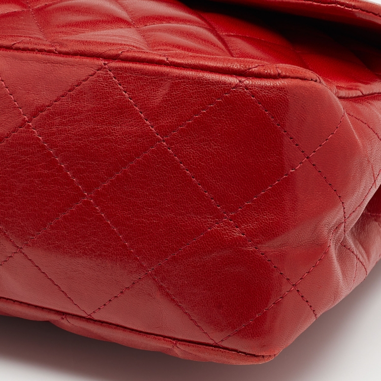 Pre Owned Chanel Red Quilted Leather Jumbo Classic Single Flap Bag