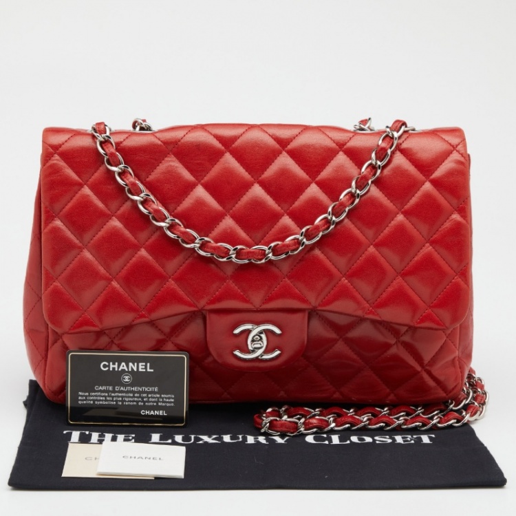 Pre Owned Chanel Red Quilted Leather Jumbo Classic Single Flap Bag