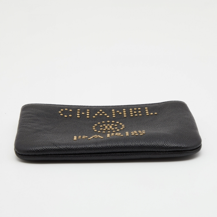 Pre Owned Chanel Black Caviar Leather Deauville Studded Zip Case