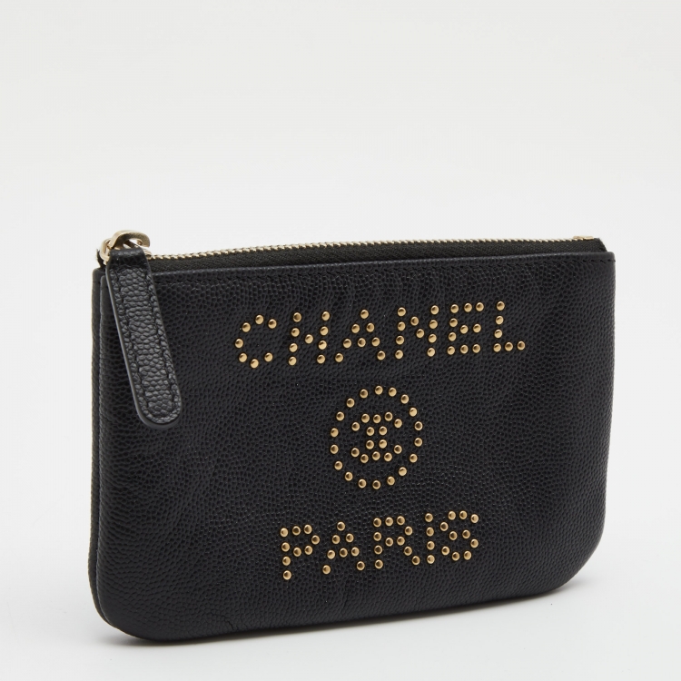 Pre Owned Chanel Black Caviar Leather Deauville Studded Zip Case