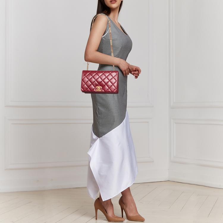 Pre Owned Chanel Burgundy Quilted Lambskin Leather Flap Bag