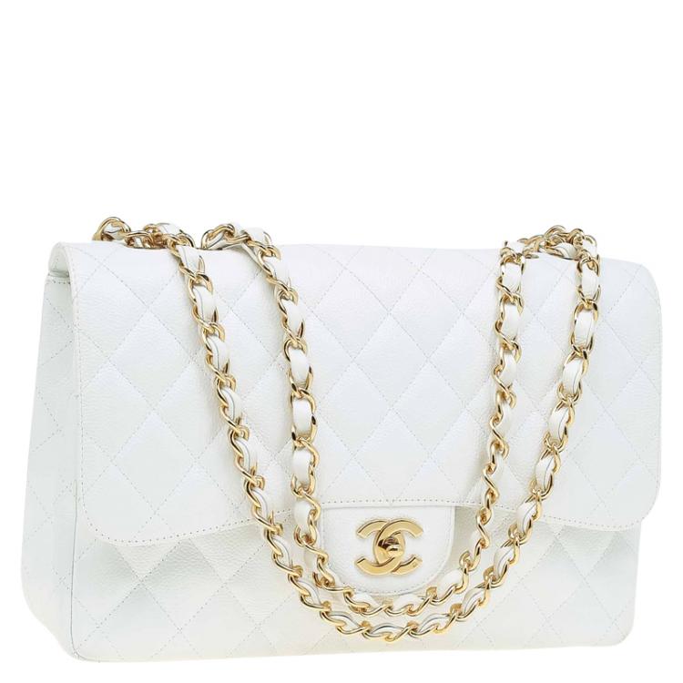 Pre Owned Chanel White Quilted Caviar Leather Jumbo Classic Single Flap Bag