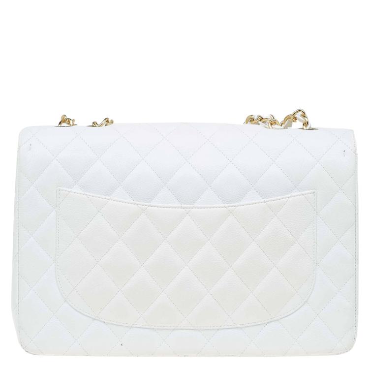 Pre Owned Chanel White Quilted Caviar Leather Jumbo Classic Single Flap Bag
